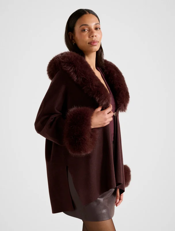 forever new  ALIA Faux Fur Trim Knit Cape for Women | Best Price UAE